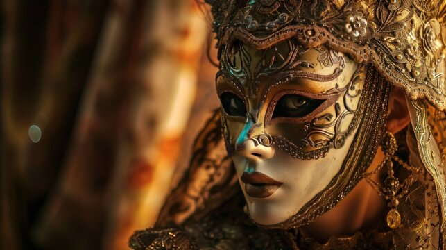 Female model as a Venetian carnival attendee in ornate mask and gown, mystery and tradition.