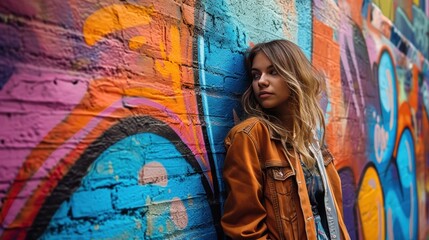 Female model on a vibrant graffiti wall background, street style and art.