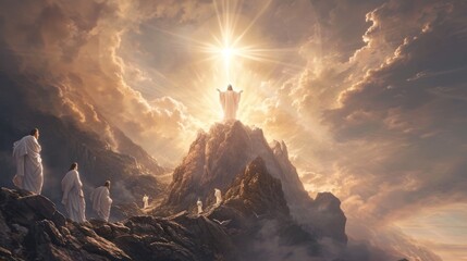 Glorious depiction of the Transfiguration of Jesus on a mountain with radiant light
