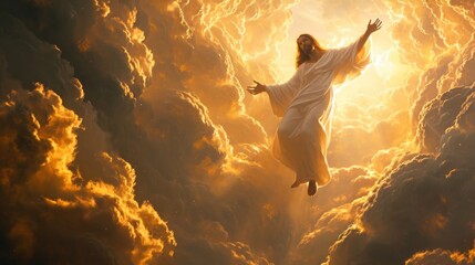 Heavenly vision of Jesus ascending into heaven surrounded by light and clouds - obrazy, fototapety, plakaty