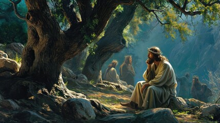 Jesus' prayer in the Garden of Gethsemane, a solemn moment of surrender and resolve - obrazy, fototapety, plakaty