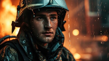 Male model as a firefighter, bravery and service.