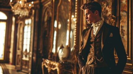 Male model as a Gilded Age industrialist in a lavish mansion, opulence and history. - obrazy, fototapety, plakaty