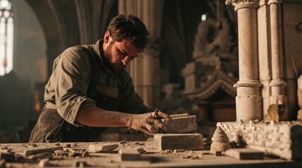 Male model as a medieval stonemason constructing a cathedral, craftsmanship and history. - obrazy, fototapety, plakaty