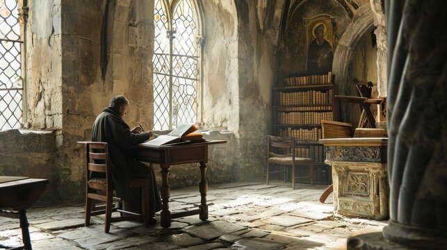 Male model as a medieval scribe in a monastery, history and scholarship.
