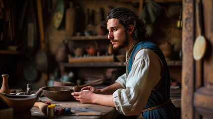 Male model as a Renaissance artisan in a Florentine workshop, art and craftsmanship.