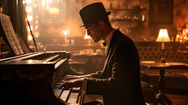 Male model as a Prohibition-era jazz club pianist, rhythm and speakeasy culture.
