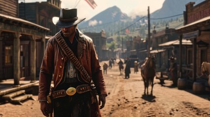 Male model as a Wild West outlaw in a frontier town, rebellion and rugged charm. - obrazy, fototapety, plakaty