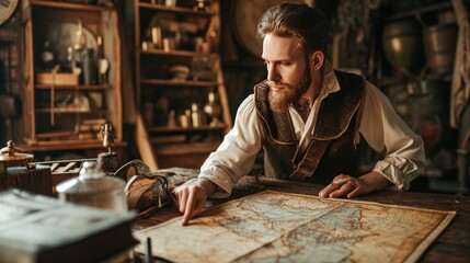 Male model as an antique mapmaker in a historical study, exploration and cartography.