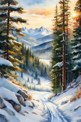 Winter landscape, watercolor illustration, ai generated - obrazy, fototapety, plakaty