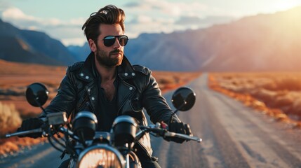 Male model on a motorcycle road trip, freedom and exploration.