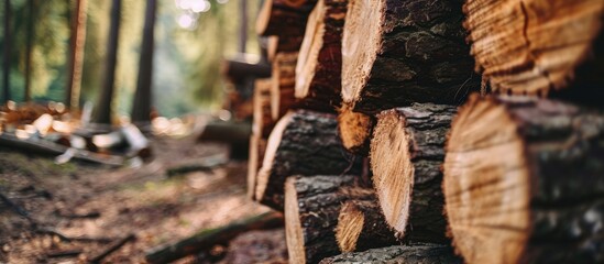 Fototapeta na wymiar Dual stacks of timber logs - emphasize the initial.