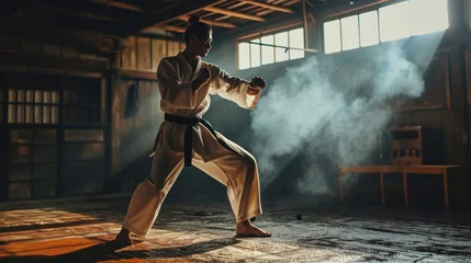 Fotobehang Male model practicing martial arts in a dojo, discipline and strength. © Bijac