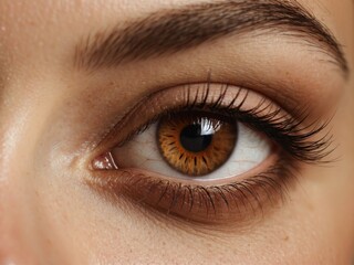 Fototapeta na wymiar Human girl brown female eye, close up macro. Woman face skin with beauty makeup
