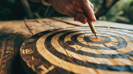 Hand of a man drawing a dart board on a wooden table