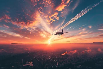 Poster glittering civilian aircraft flying over an urban landscape leaves a trail of condensation and an impression of freedom in the sky during the beginning of a wonderful sunset © Hanjin