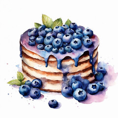 Blueberry cake watercolor illustration. Baking, sweets, dessert. Food. Pastry shop, confectioner. Birthday, Holidays. For printing on cards, stickers, cookbooks, packaging