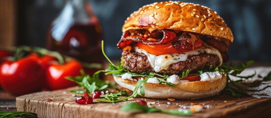Delicious-looking burger smashed on a board - obrazy, fototapety, plakaty