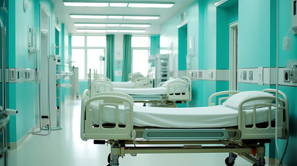 Hospital bed with medical equipment in the ward. Blurred background. Medical concept.