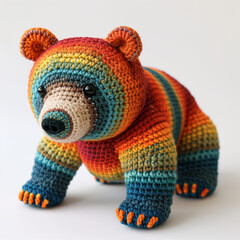 Crocheted colorful bear on a white background