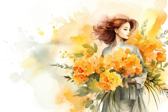 Watercolor illustration woman with yellow flowers mimosa splash on white background