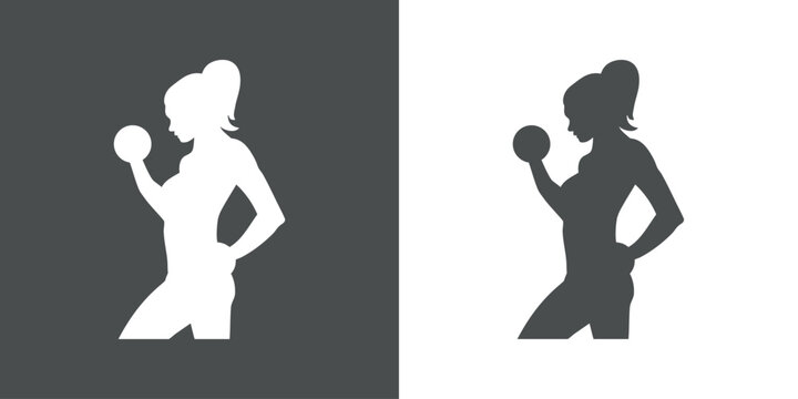 Logo gym fitness. Silueta de mujer musculosa culturista levantando pesas