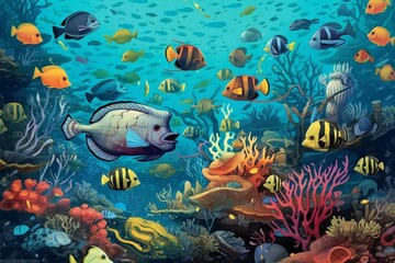 Obraz na płótnie Canvas Illustration depicting marine creatures in a blue ocean. Generative AI