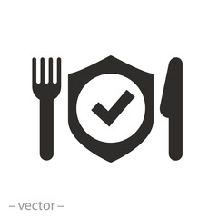 food safety tested in laboratory icon, ecological pure product, shield with fork and knife, flat vector illustration - obrazy, fototapety, plakaty