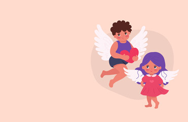 Cute cupids illustration and pink heart. love and valentine's day symbol. little angels with wings on a pink background. Horizontal poster or banner. Place for text.