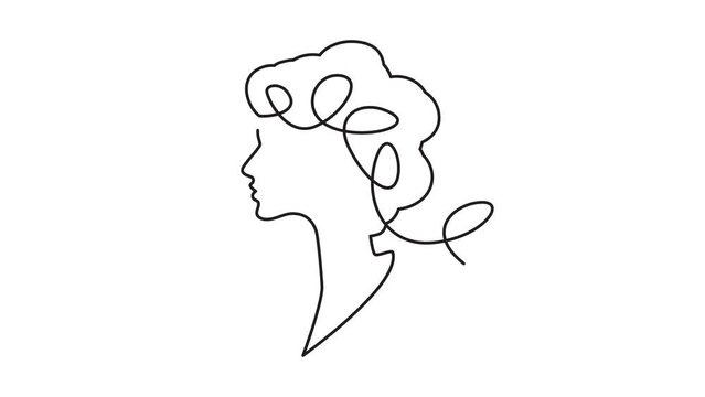 Continuous Line Women's Profile Icon, Monoline Girl Head Silhouette Symbol, One Line Cameo Silhouette, Lady Sign, Female Endless Shape Illustration