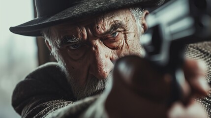 Intense Focus of an Old Man Aiming a Gun, Exuding Grit and Determination in a Thrilling Standoff - obrazy, fototapety, plakaty