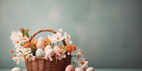 Easter banner with wicker basket with eggs and spring flowers on teal background. Banner with...