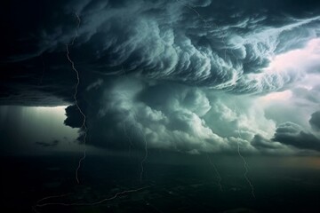 Dark clouds, heavy rain, thunderstorm, forecast of tornado, hurricane or thunderstorm. Generative AI - obrazy, fototapety, plakaty