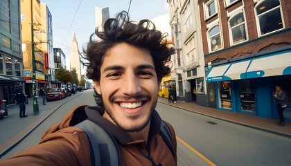 25 year old latin american man taking a selfie on the streets of Canada