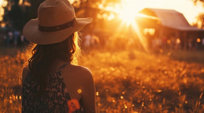 a woman outdoors, sitting in a straw hat watching an old barn at sunset