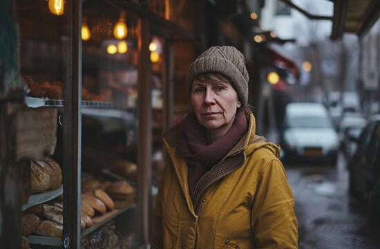 a woman standing in front of bread bakeries