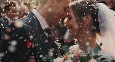an old bride and groom have ton of confetti thrown at them