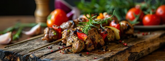 an image of kebab on wooden table, with vegetables and meat on top