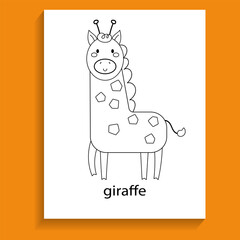 giraffe, ungulate herbivores animals cartoon flat line for coloring page