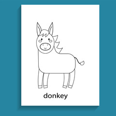 donkey, ungulate herbivores animals cartoon flat line for coloring page