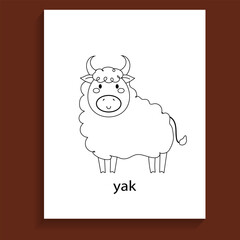 yak, ungulate herbivores animals cartoon flat line for coloring page