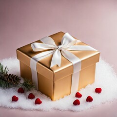 Golden gift box with white ribbon for valentine hearts in the background