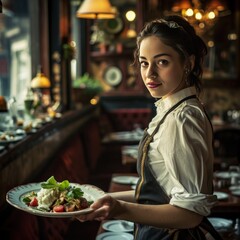 a young waitress holds a plate full of food as she carries patrons to their table