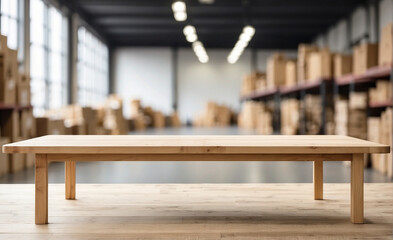 empty and clean wooden table with blurry warehouse
