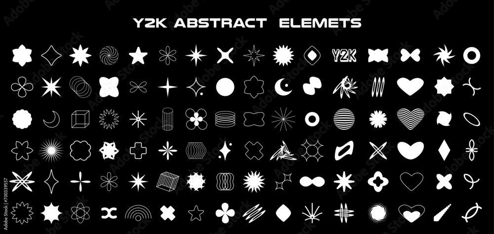 Poster abstract rave psychedelic set in trendy y2k style. white retro futuristic isolated shapes. vector il