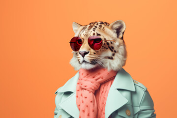 A Stylish Fashionable Chita Wearing a Coat, Scarf and Sunglasses. Modern Creative animal concept banner. Isolated on the pastel orange background.