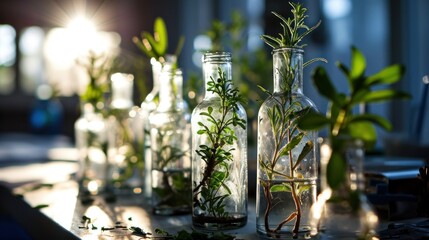 botanical research plant sample in glass flasks in laboratory with sunlight - obrazy, fototapety, plakaty