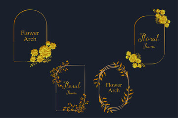 Luxury elegant hand drawn arched floral frames with golden flowers on a blue background. Botanical vector illustration for label, logo, branding, wedding invitation, save the date