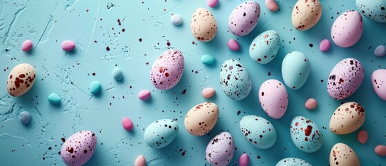 colorful easter eggs laid out around a blue background - obrazy, fototapety, plakaty