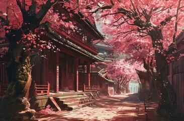 beautiful pink cherries grow near some pagoda's on a street lined with pagoda